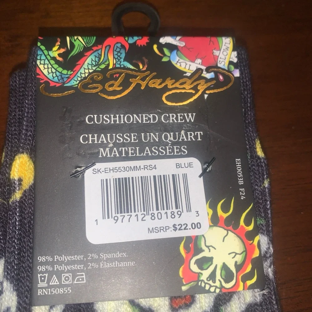 Ed Hardy Men's Crew Socks 2-Pack Multicolor Polyester, Cushioned, Sizes 6-12